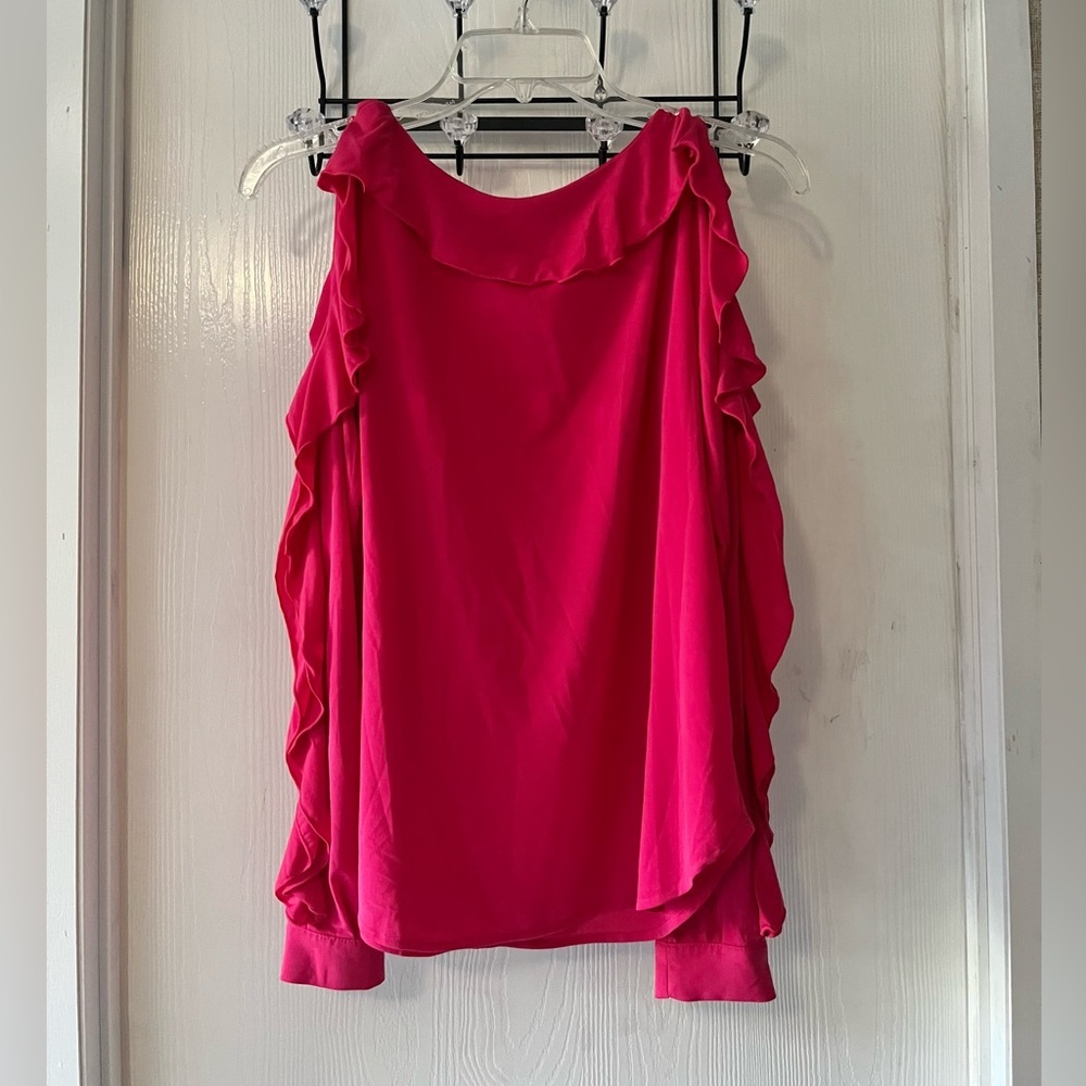 Ann Taylor Vibrant Pink Ruffle Blouse with Cut-Out Shoulders